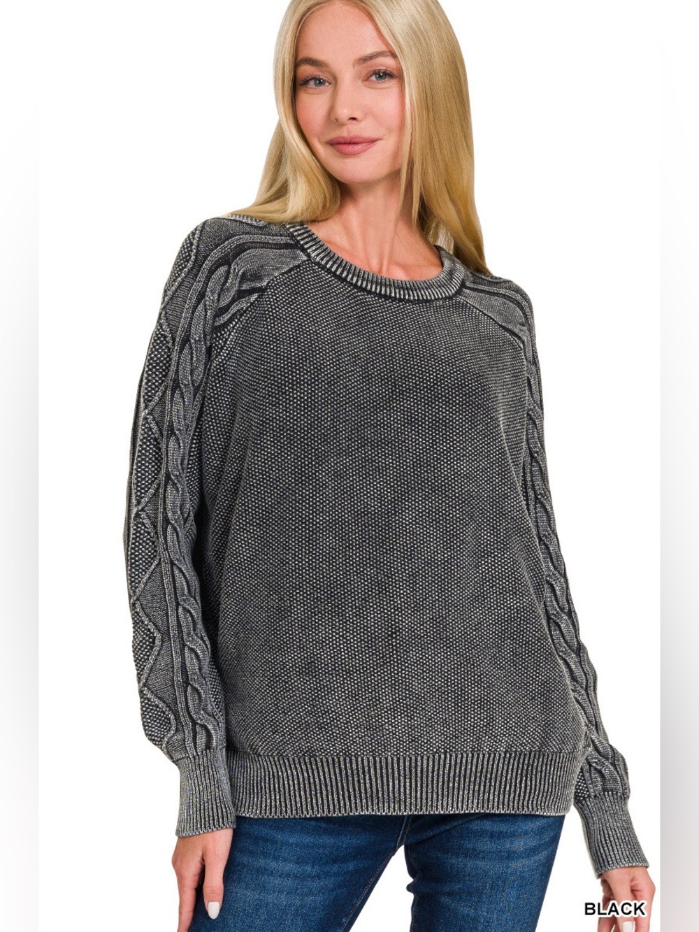 Zenana Black Stone Washed Cable Sleeve Crewneck Sweater
